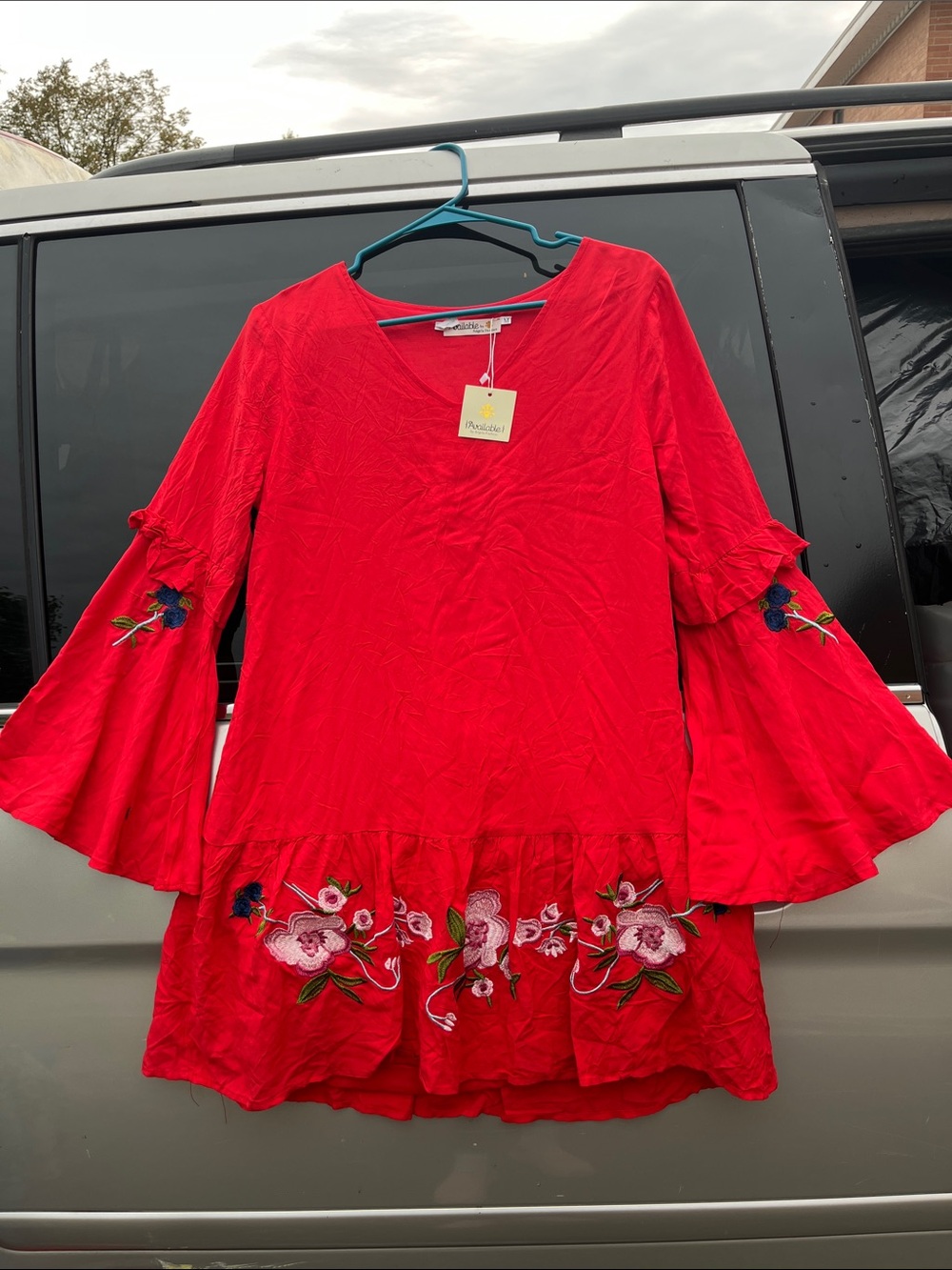 Red Embroidered Bell-Sleeve Mini Dress -